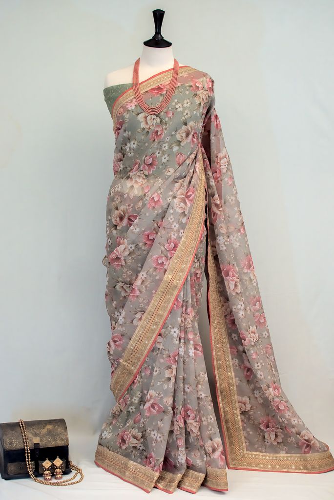 Fairy Meadows | Green Floral Cotton Khaddi Formal Saree - Ranai by Areeba  Khan