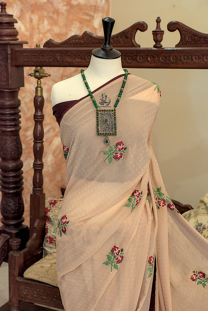 Tamkenat | Beige shimmer chiffon saree with embroidered cross stitched  florals